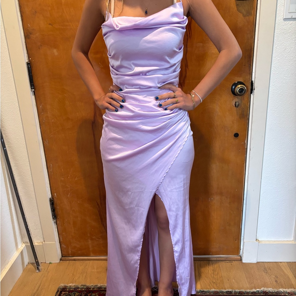 Lavender satin prom dress